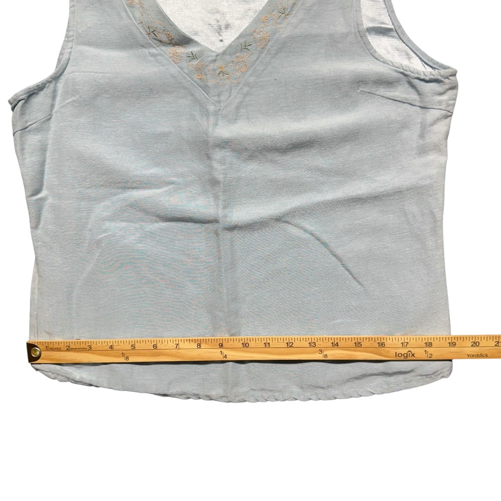Of The Earth Tank Top Silk Hemp Large Light Blue Floral Embroidered V-Neck Boho - Picture 8 of 11